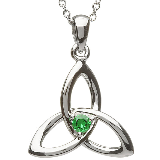 Trinity Knot Pendant - Sterling Silver Celtic Trinity Knot with Green Stone Pendant with Chain