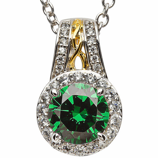 Irish Necklace - Sterling Silver Green CZ Halo Pendant