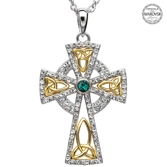 Celtic Cross Necklace - Sterling Silver and Gold Plated Trinity Gold Plated Cross Embellished with Emerald Swarovski Crystals