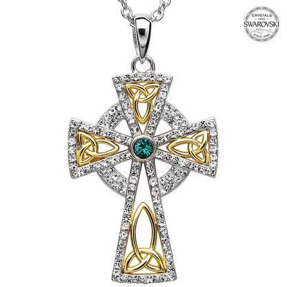 Celtic Cross Necklace - Sterling Silver and Gold Plated Trinity Gold Plated Cross Embellished with Emerald Swarovski Crystals
