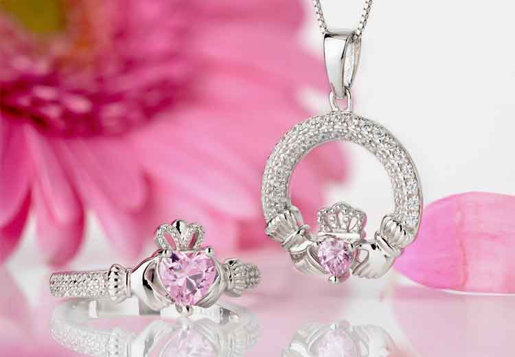 Sterling Silver Claddagh Ring & Necklace with pink tourmaline October birthstone heart