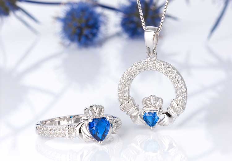 Sterling Silver Claddagh Ring & Necklace with blue September birthstone heart