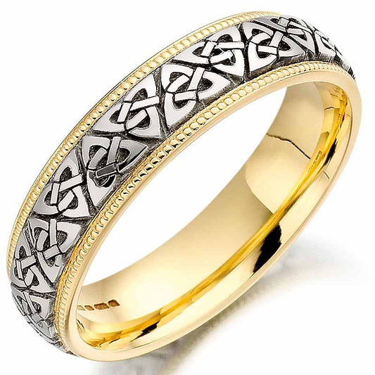 Trinity Knot Wedding Ring - Mens Two Tone Trinity Celtic Knot Beaded Irish Wedding Band