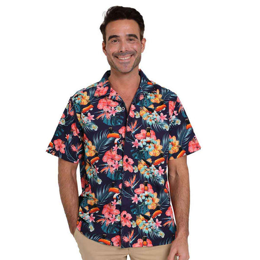 Man wearing a Guinness® Toucan Hawaiian Shirt on a white background