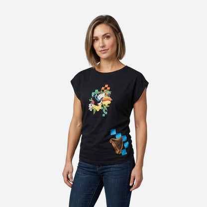 Woman wearing a black Guinness® Hawaiian Ruched Ladies Black t-shirt on a white background