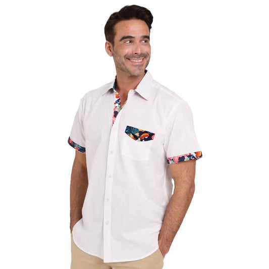 Man smiling, wearing a Guinness® White Linen Summer Shirt, in front of a white background