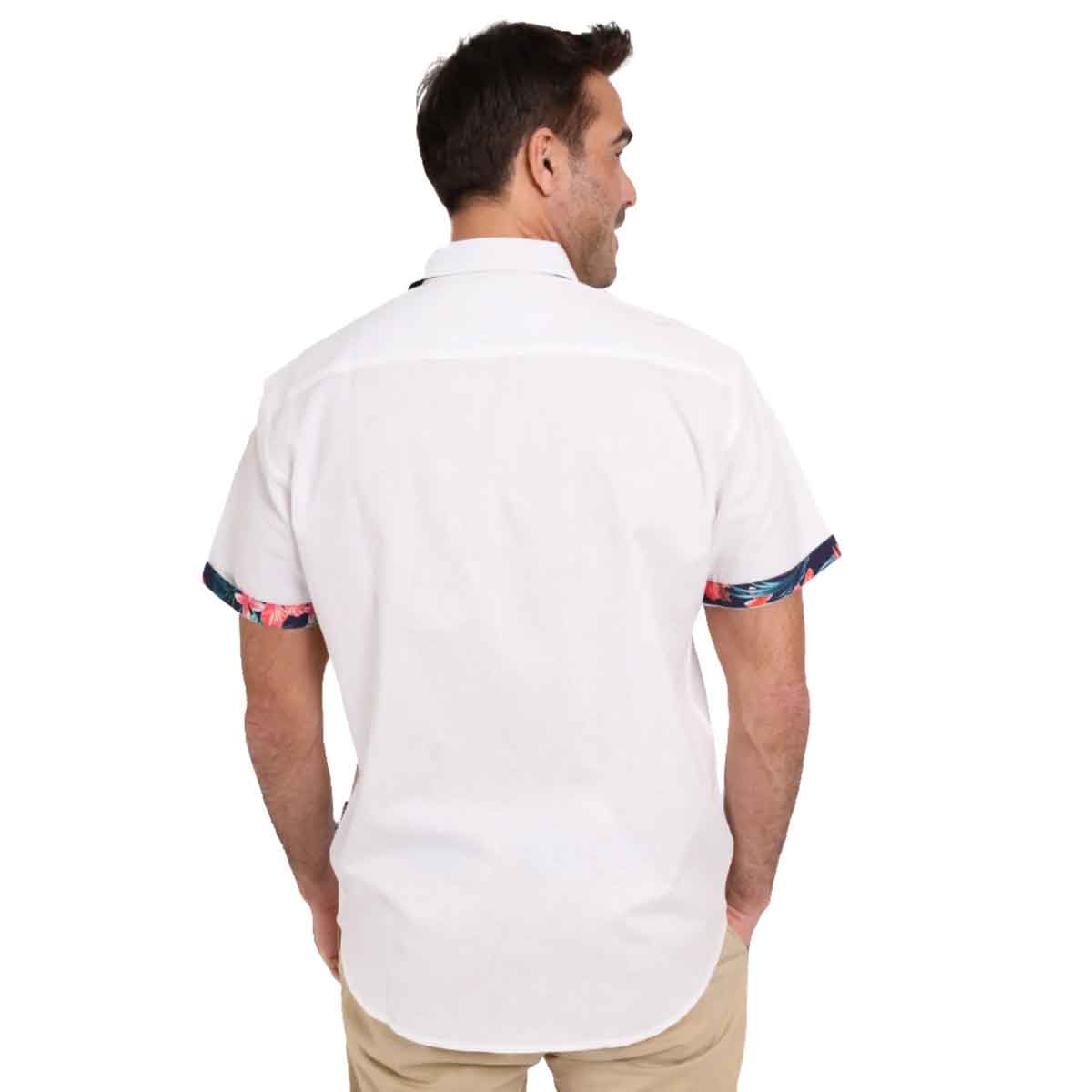 man wearing a white guinness® white linen summer shirt on a white background