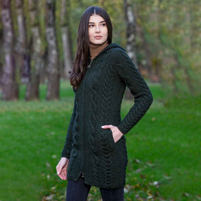 Irish Coat | Merino Wool Aran Cable Knit Hooded Ladies Jacket