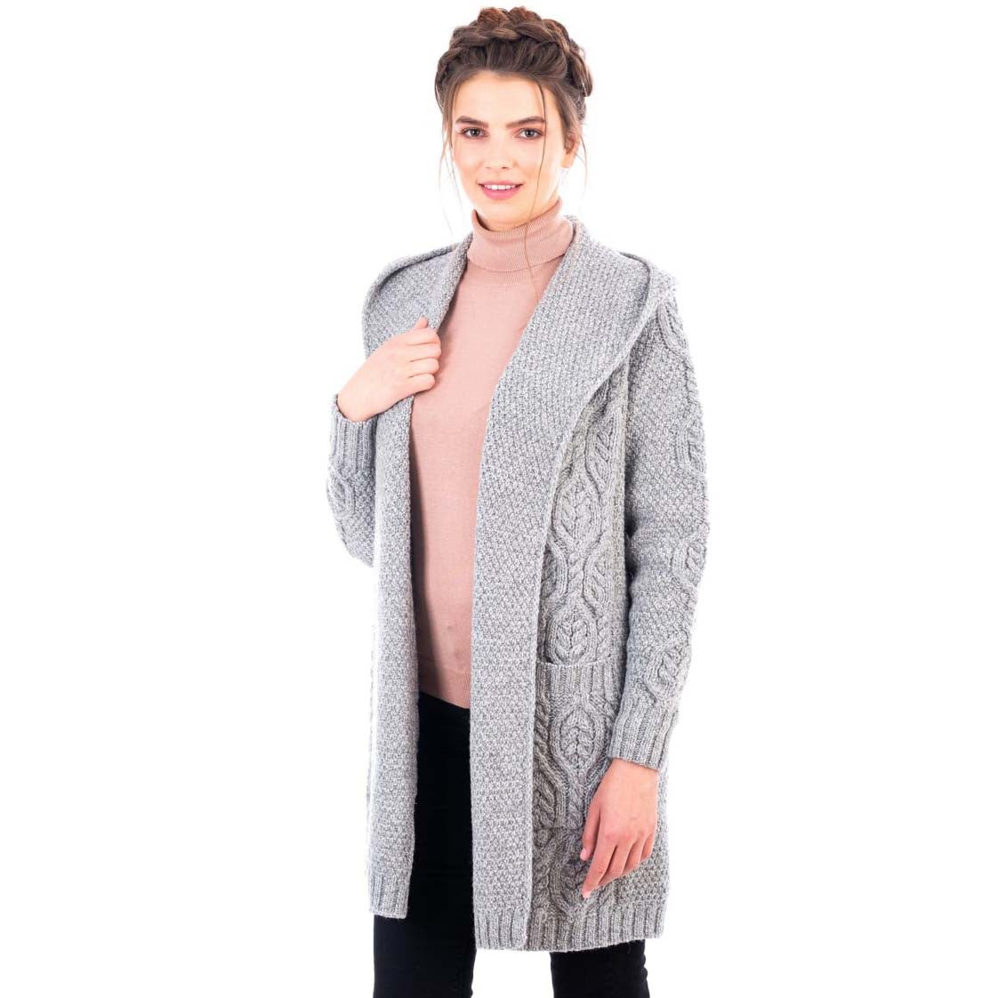 irish coat | aran knit  hooded ladies long cardigan