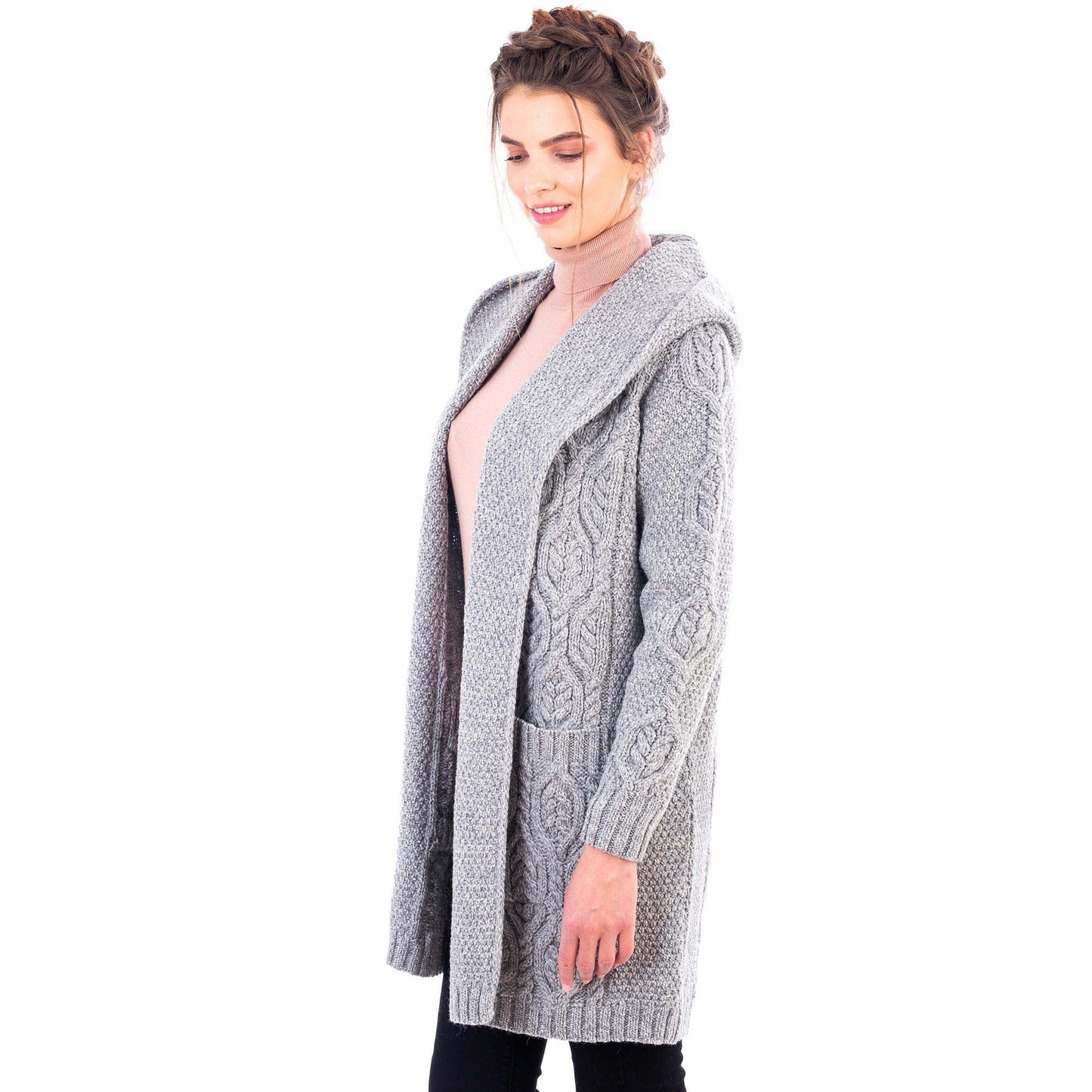 irish coat | aran knit  hooded ladies long cardigan
