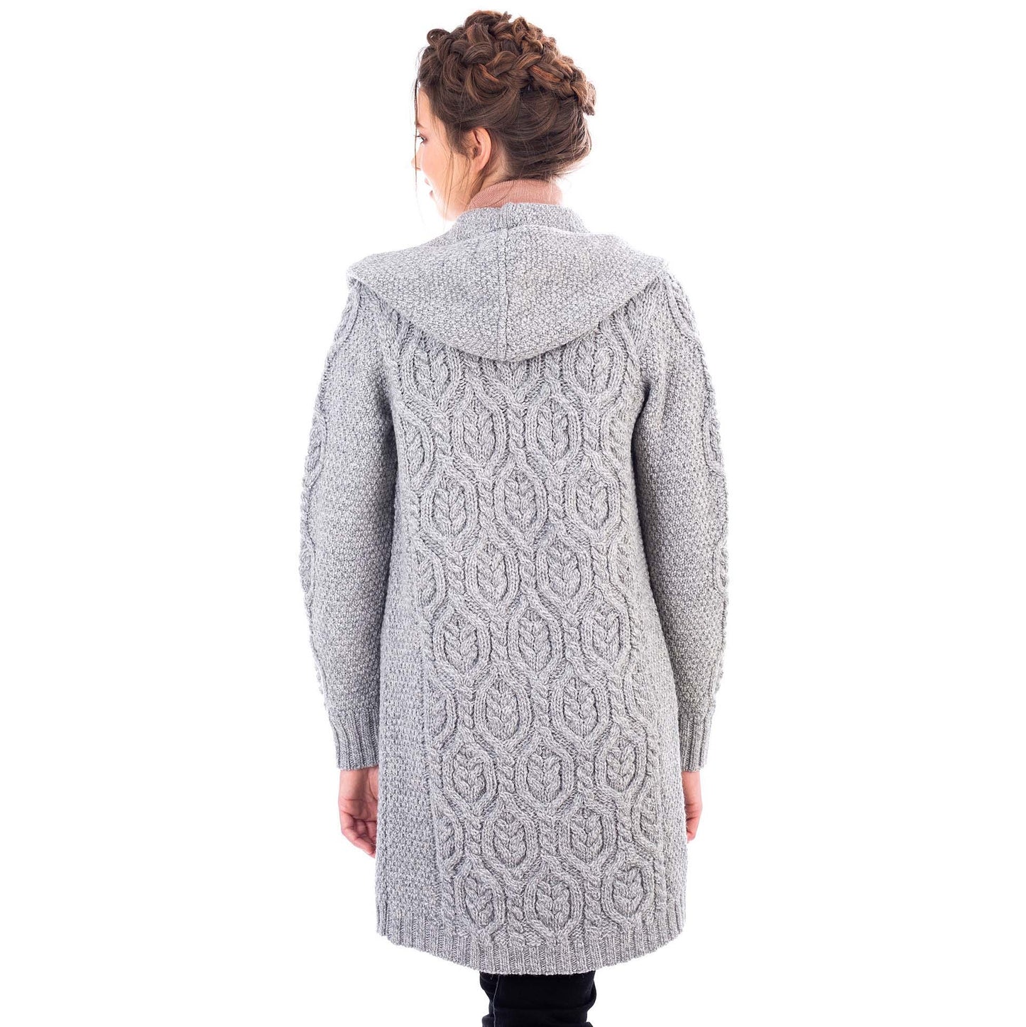 irish coat | aran knit  hooded ladies long cardigan