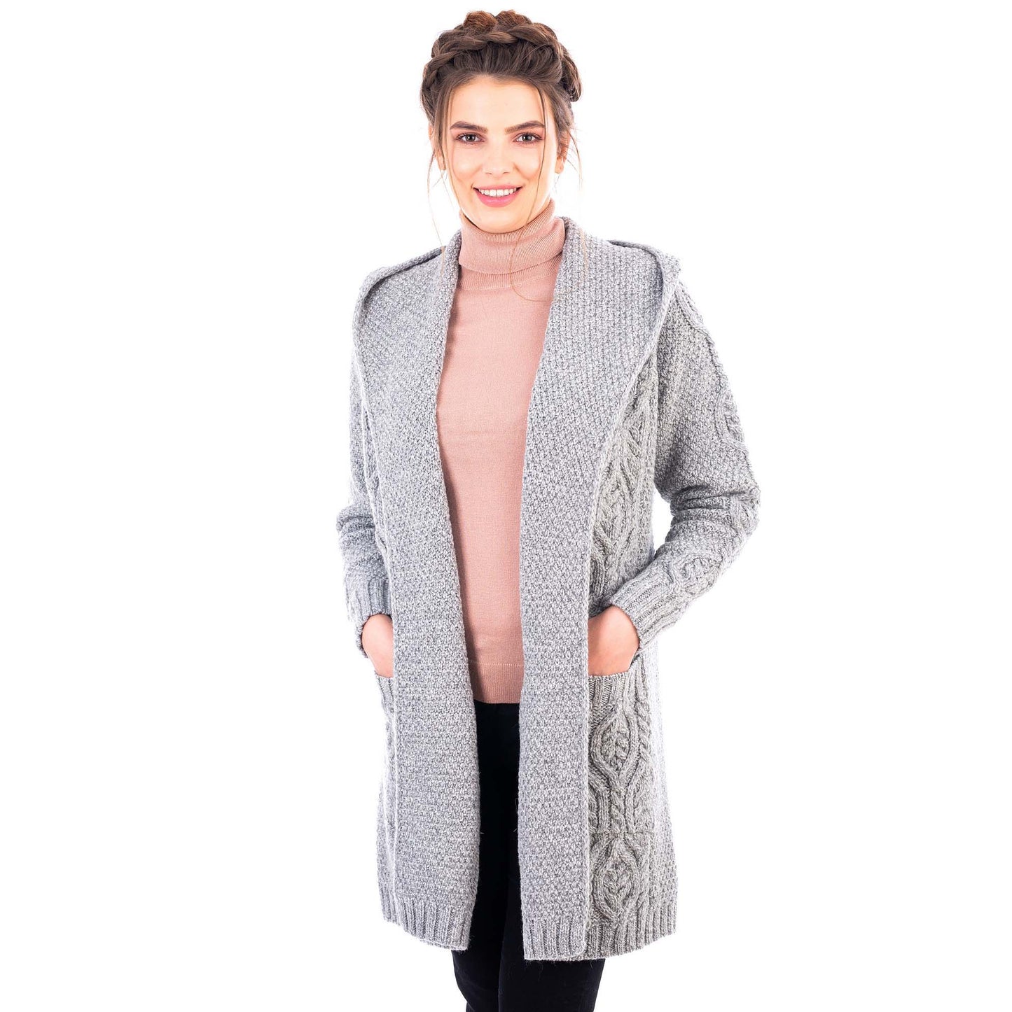irish coat | aran knit  hooded ladies long cardigan