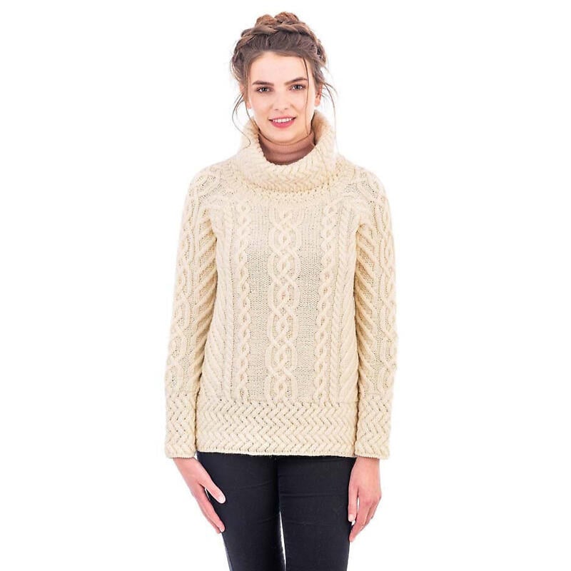 irish sweater | merino wool aran knit cowl neck ladies sweater