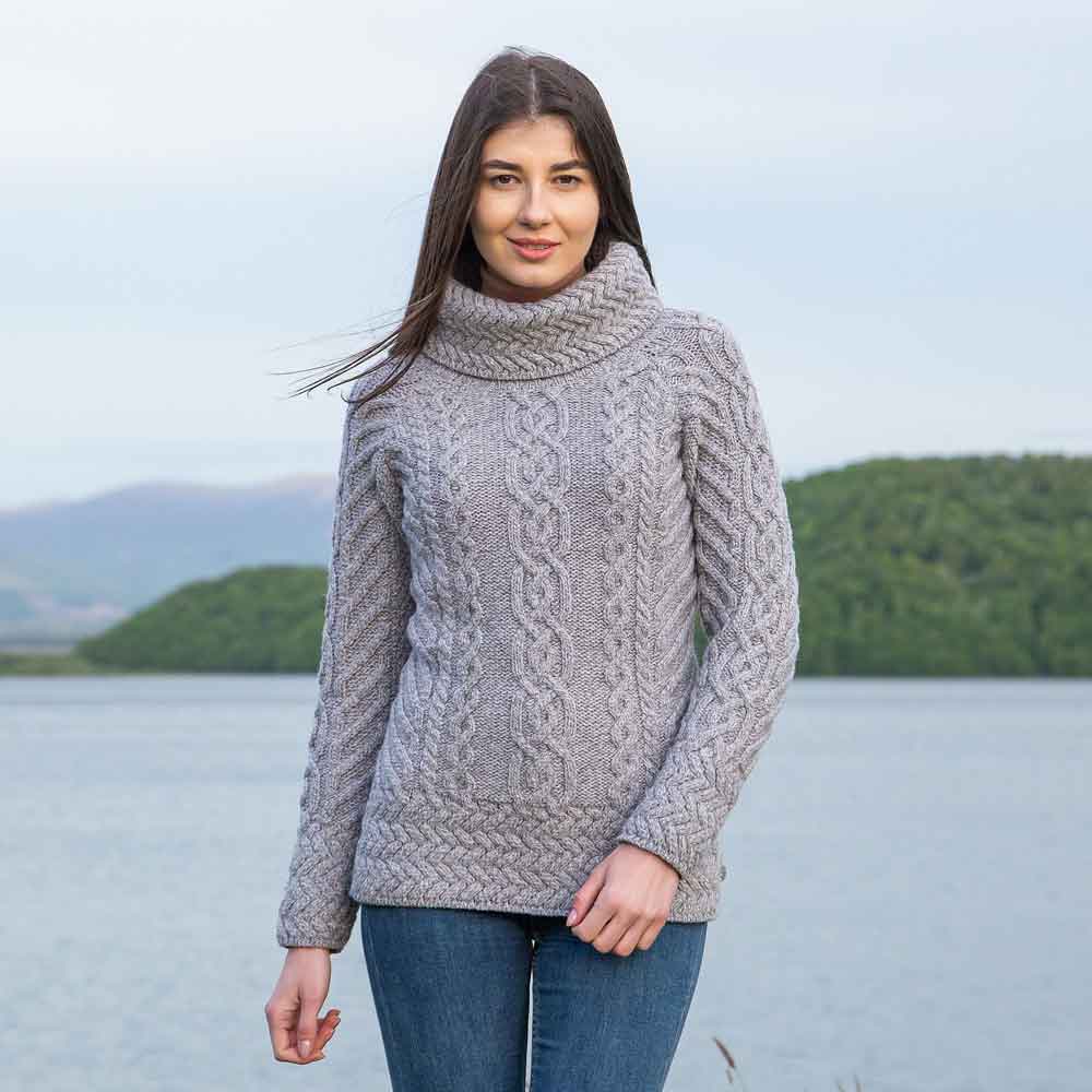 irish sweater | merino wool aran knit cowl neck ladies sweater
