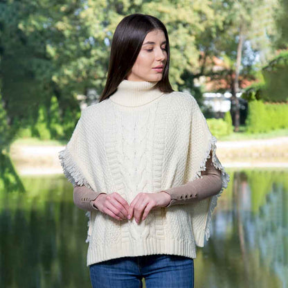 Irish Shawl | Merino Wool Aran Knit Cowl Neck Ladies Poncho
