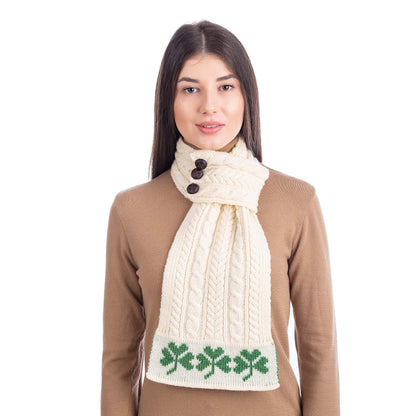 Irish Scarf | Merino Wool Aran Knit Shamrock Pattern Ladies Loop Scarf with Buttons