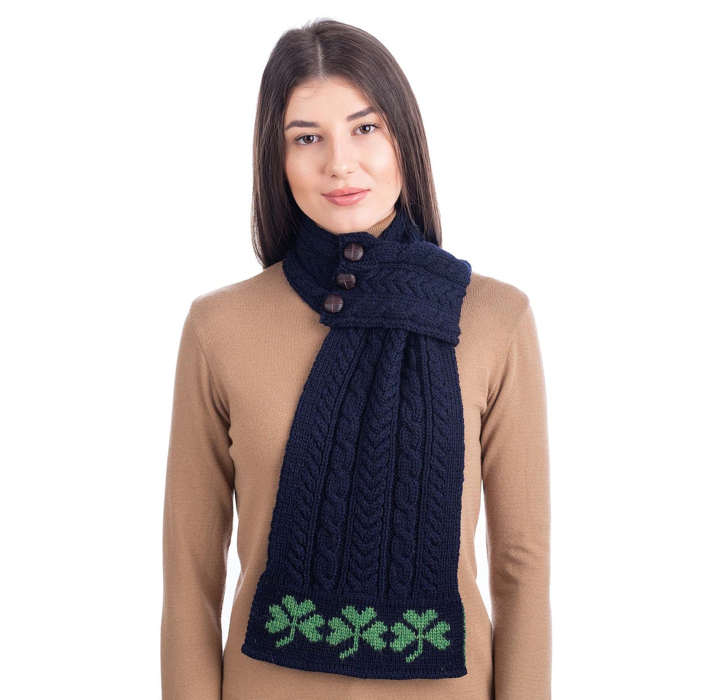 irish scarf | merino wool aran knit shamrock pattern ladies loop scarf with buttons