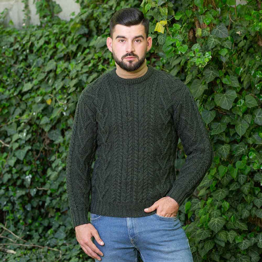 Irish Sweater | Merino Wool Traditional Aran Knit Crew Neck Mens Sweater