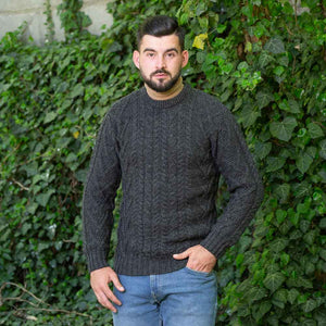 Irish Sweater | Merino Wool Traditional Aran Knit Crew Neck Mens Sweater