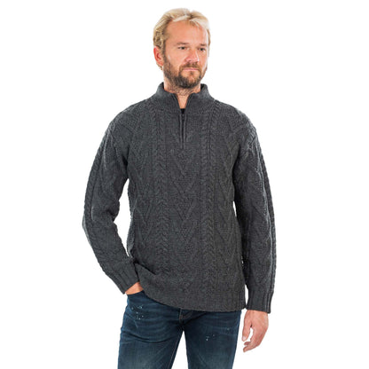 Irish Sweater | Merino Wool Aran Knit Zip Neck Fisherman Mens Sweater