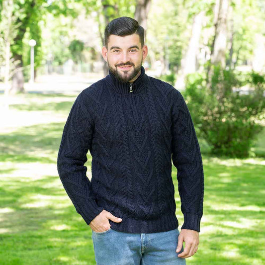 Irish Sweater | Merino Wool Aran Knit Zip Neck Fisherman Mens Sweater