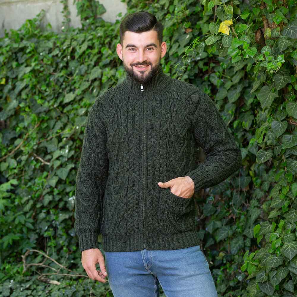 irish cardigan | merino wool aran knit mens zip cardigan
