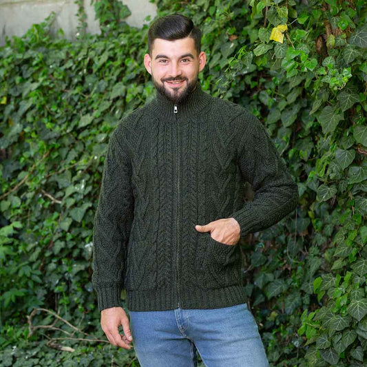 Irish Cardigan | Merino Wool Aran Knit Mens Zip Cardigan