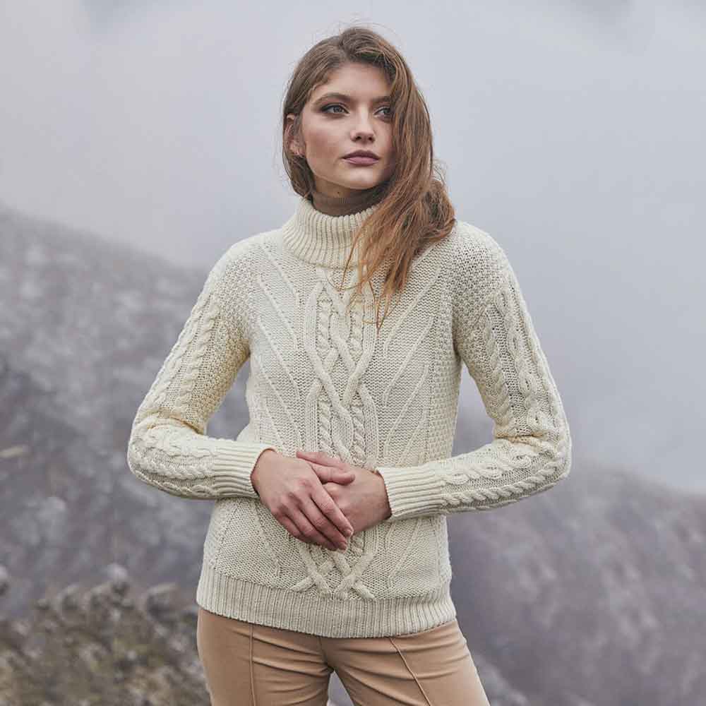 irish sweater | merino wool turtle neck aran ladies sweater