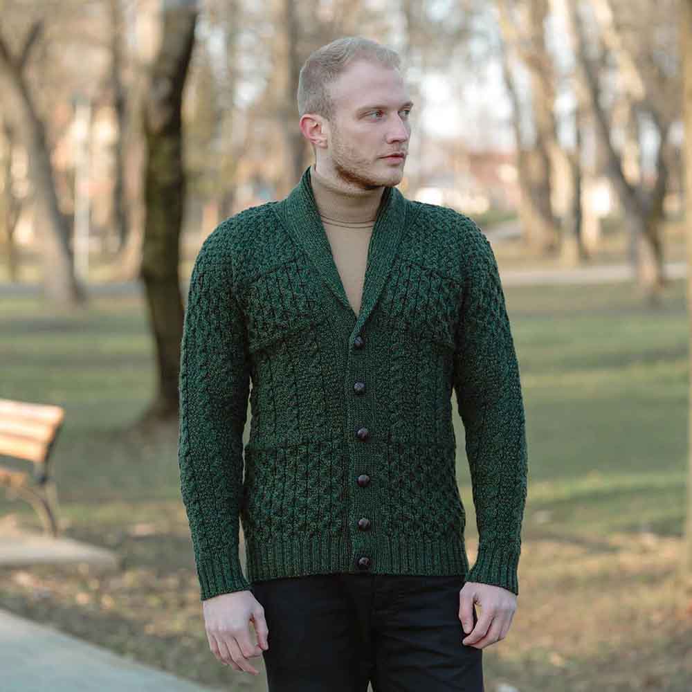 irish cardigan | aran cable knit shawl collar mens cardigan