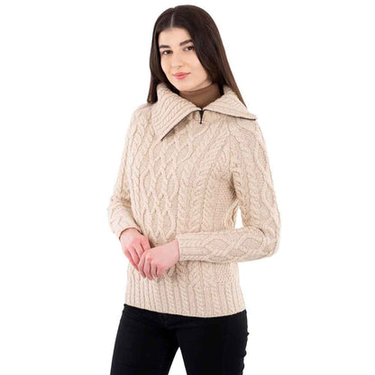 Irish Sweater | Ladies Zipper Neck Aran Knit Sweater