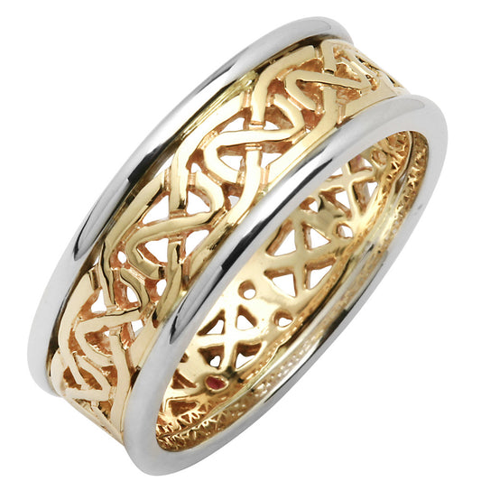 Irish Wedding Ring - Mens Celtic Knot Narrow Pierced Sheelin Wedding Band Yellow Gold with White Gold Rims