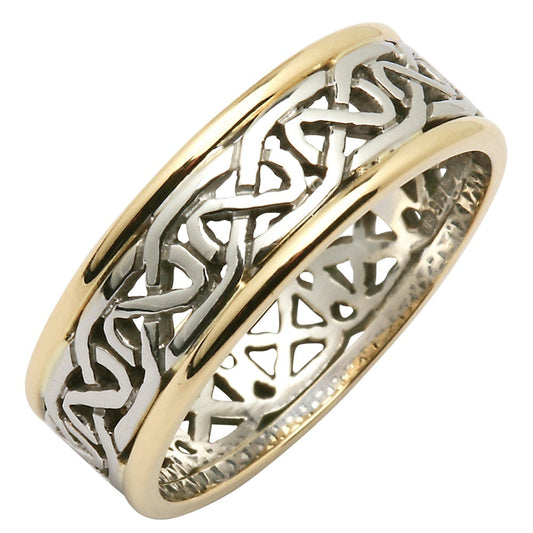 Irish Wedding Ring - Mens Celtic Knot Narrow Pierced Sheelin Wedding Band with Yellow Gold Rims