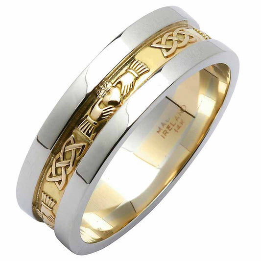 Irish Wedding Ring - Men's Yellow Gold With White Gold Rims Claddagh Wedding Band