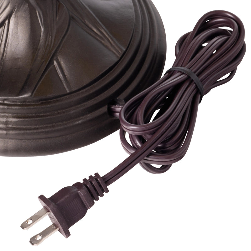 A close-up of a dark brown coiled power cord with a two-prong plug, attached to a matching dark brown base, shown on a white background.