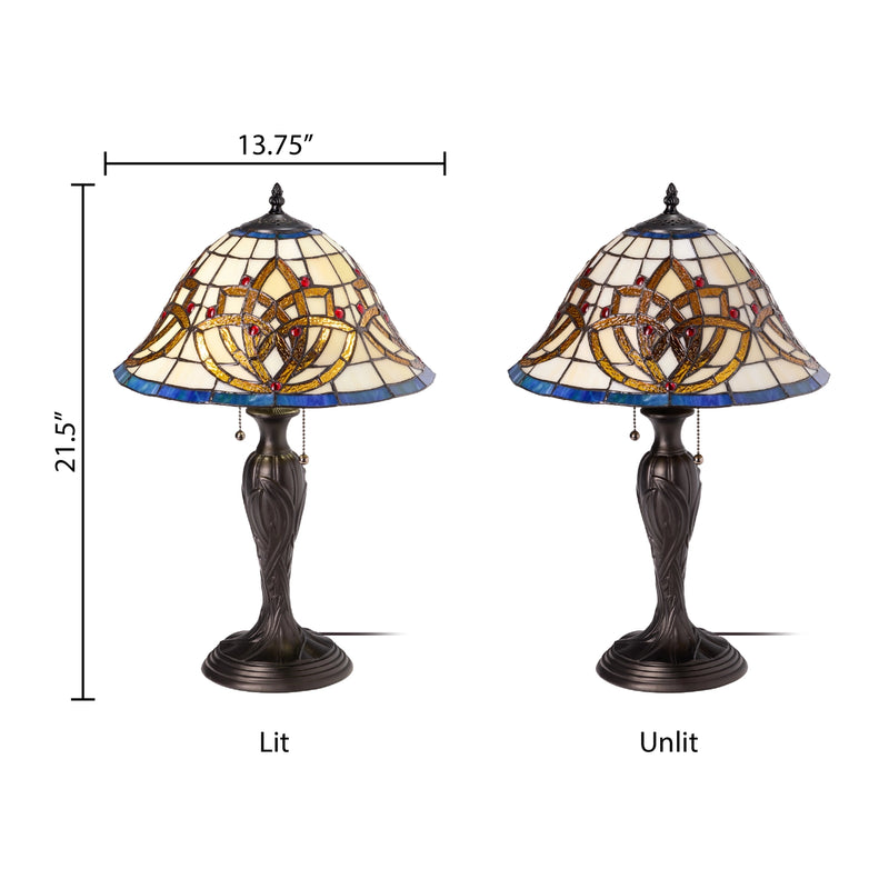 Two views of the Celtic Blooming Flower Stained Glass Table Lamp on a white background, labeled 'Lit' and 'Unlit' with dimension lines showing 21.5 inches height and 13.