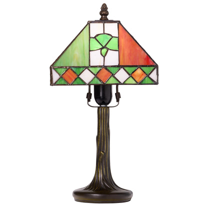 A Tiffany-style St. Patrick's Day Irish Flag Tricolor Stained Glass Table Lamp featuring a shade with green, orange, and white panels, and a dark bronze fluted base on a white background.