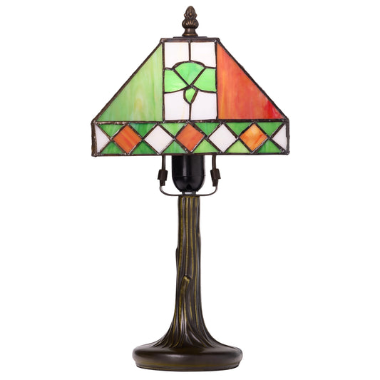 A Tiffany-style St. Patrick's Day Irish Flag Tricolor Stained Glass Table Lamp featuring a shade with green, orange, and white panels, and a dark bronze fluted base on a white background.