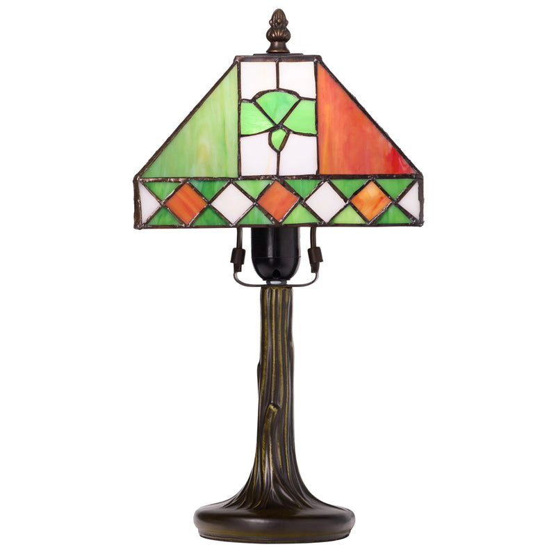 A Tiffany-style St. Patrick's Day Irish Flag Tricolor Stained Glass Table Lamp featuring a shade with green, orange, and white panels, and a dark bronze fluted base on a white background.