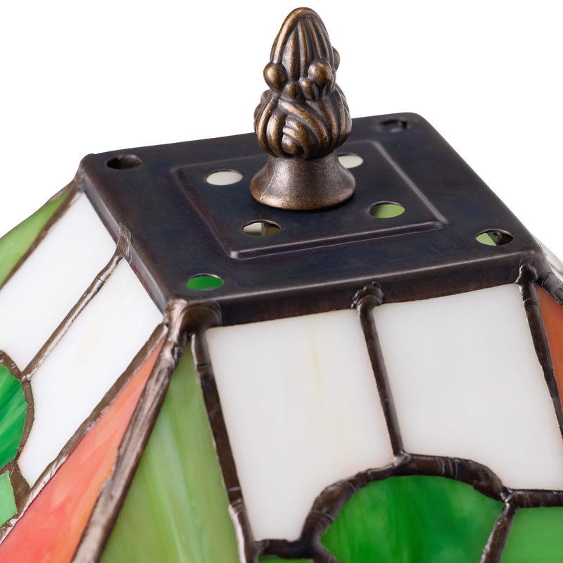Close-up of St. Patrick's Day Irish Flag Tricolor Stained Glass Table Lamp with dark-toned bronze resin finial on top.