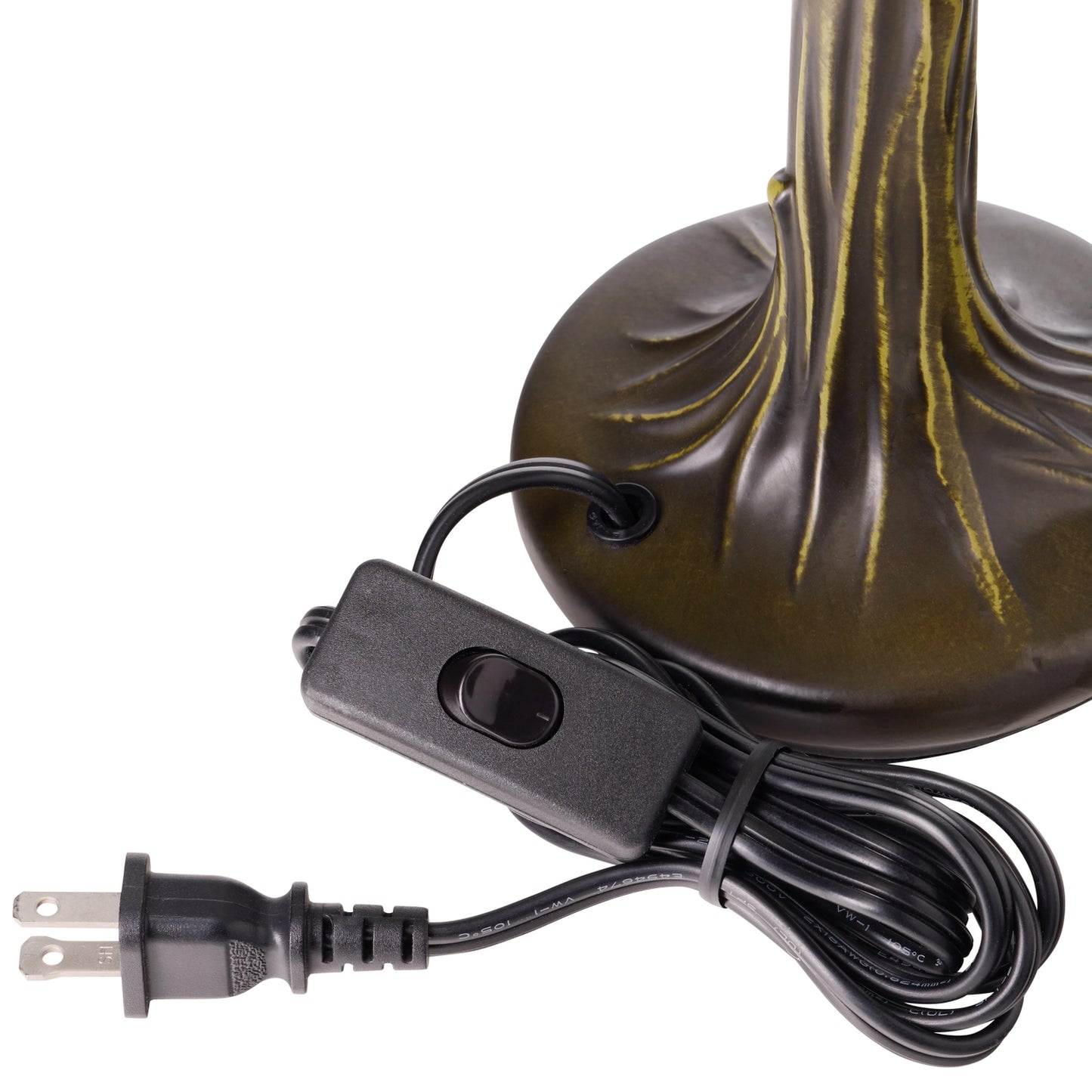a close-up of lamp base with a coiled power cord and switch, shown on a plain white background.