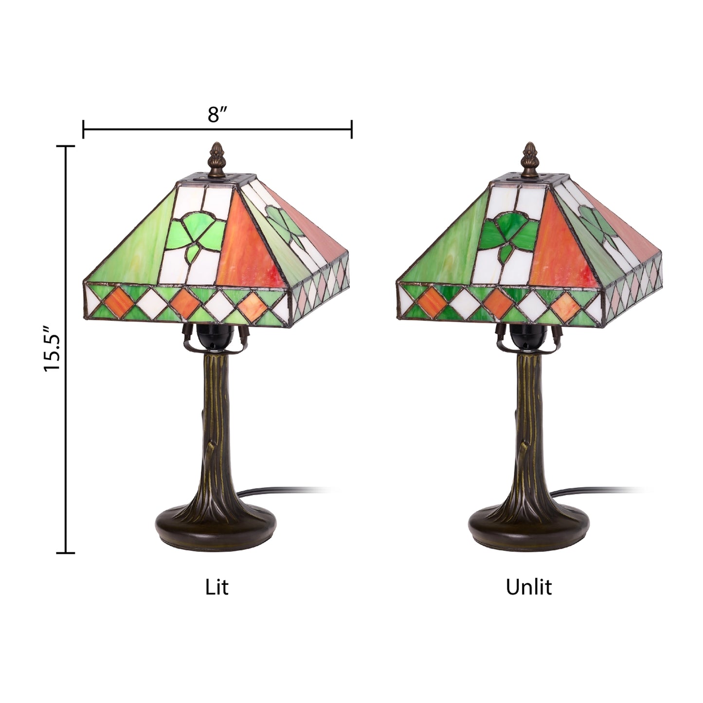 two views of a st. patrick's day irish flag tricolor stained glass table lamp on a white background, labeled 'lit' and 'unlit', with dimension lines showing 8 inches wide and 15.5 inches tall.