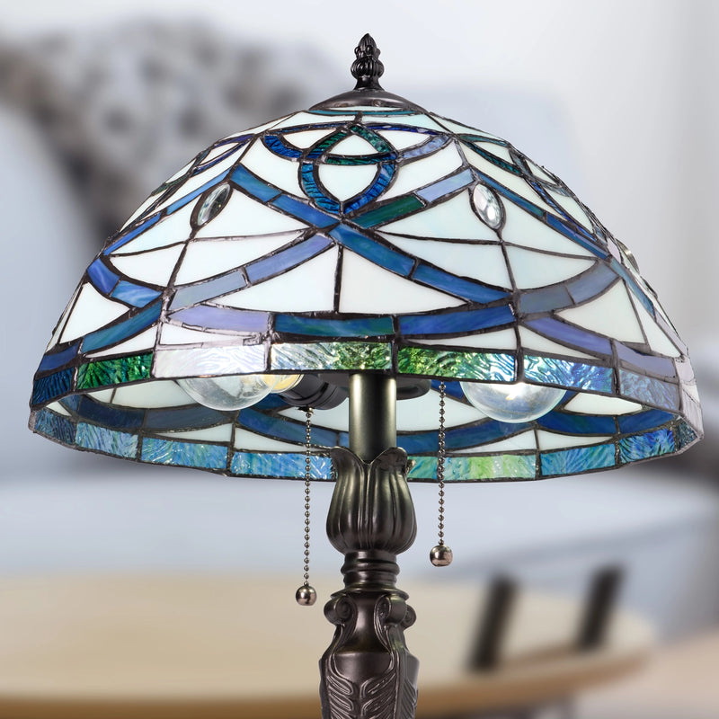 Celtic Stained Glass Dome Trinity Knot  Tiffany-style lamp in blue and green tones.