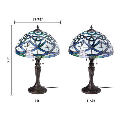 Celtic Stained Glass Dome Trinity Knot Table Lamps lit and one unlit, showing dimensions 21 inches tall x 13.75 inches wide