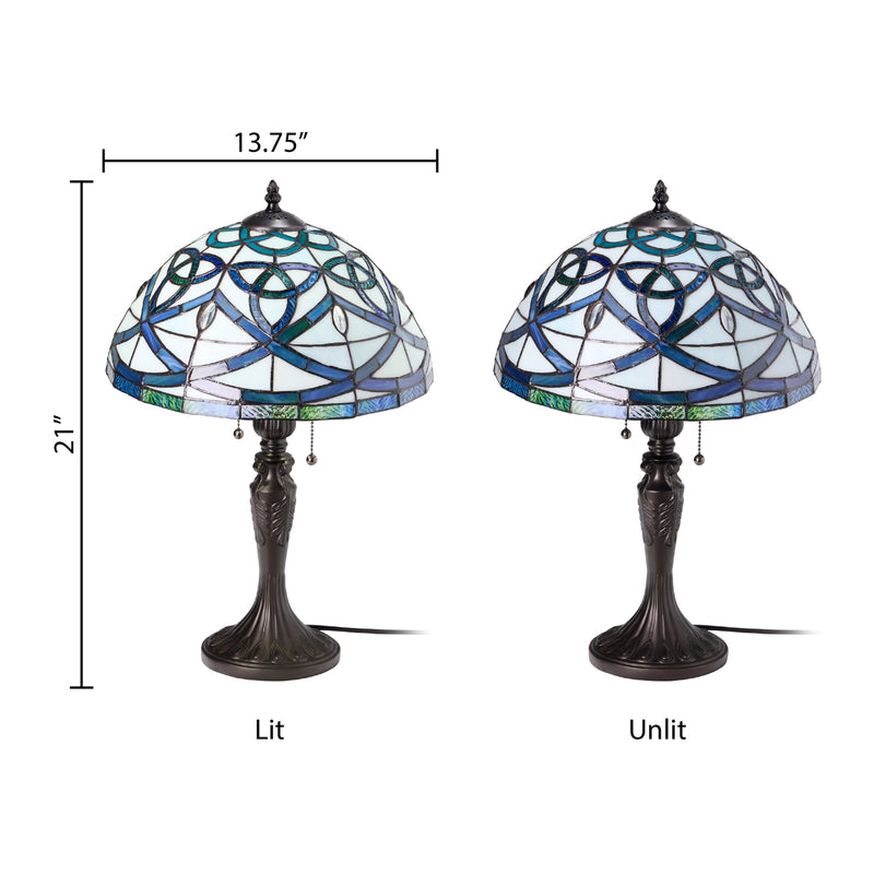 Celtic Stained Glass Dome Trinity Knot Table Lamps lit and one unlit, showing dimensions 21 inches tall x 13.75 inches wide