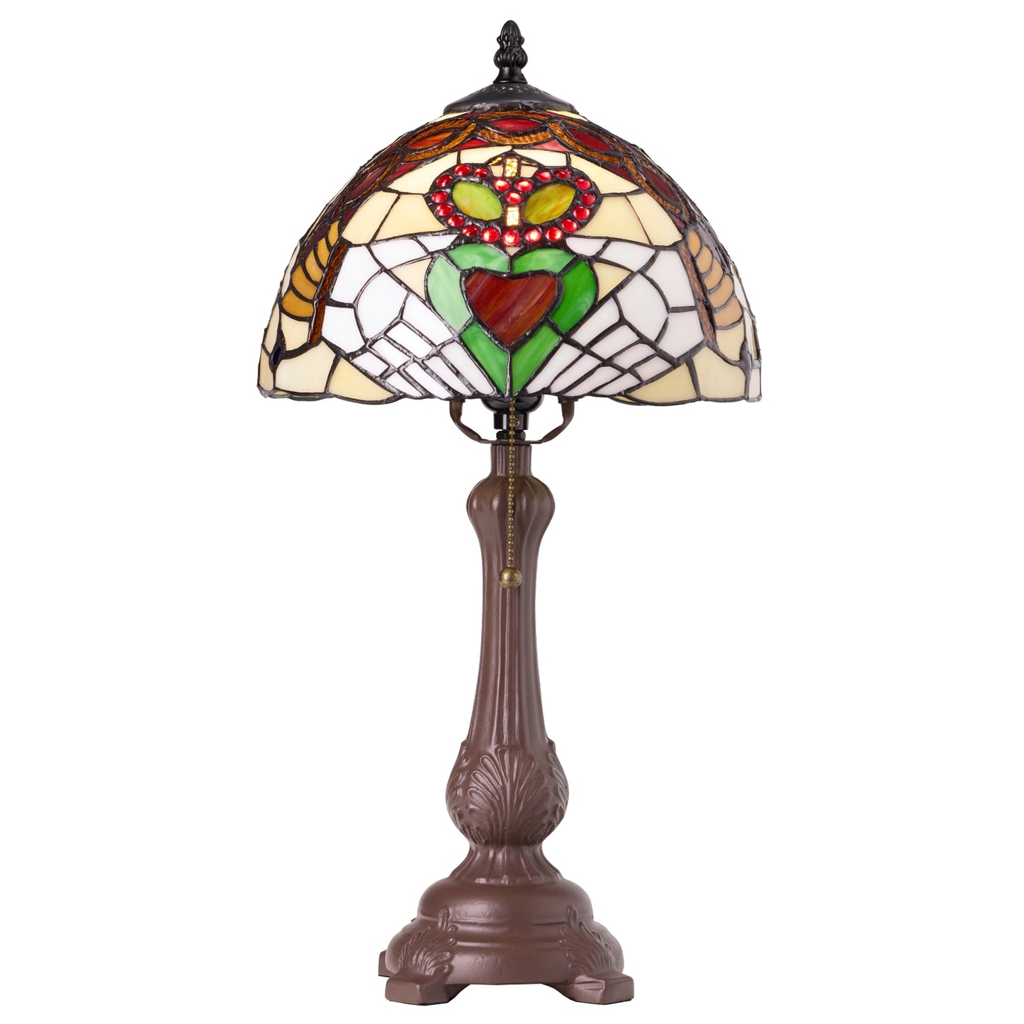 a tiffany-style claddagh stained glass table lamp with a brown metal base and a stained glass shade featuring a claddagh motif in red, green, yellow, and cream.