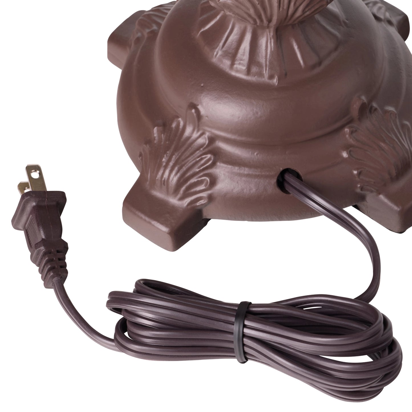 brown decorative outdoor light base with a matching power cord and plug, shown on a white background.