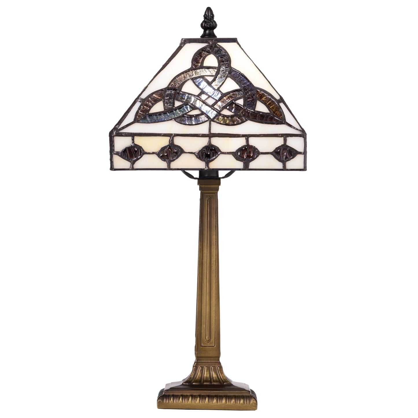 a classic tiffany-style celtic trinity knot stained glass table lamp with a bronze-finished stand on a white background