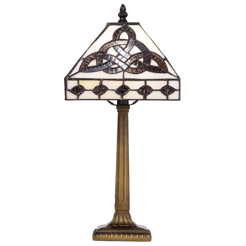 A classic Tiffany-style Celtic Trinity Knot Stained Glass Table Lamp with a bronze-finished stand on a white background