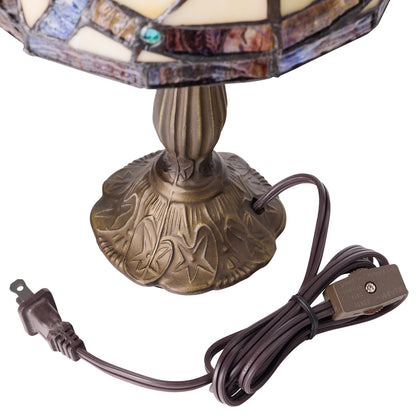 Celtic Stained Glass Amber Pathway Table Lamp and power cord on a white background