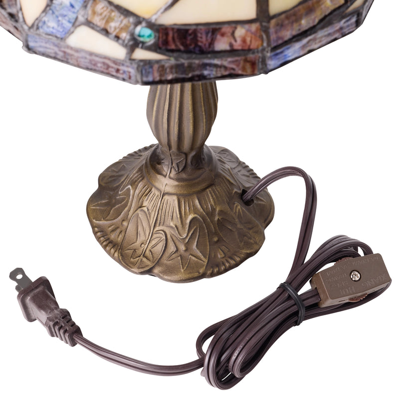 Celtic Stained Glass Amber Pathway Table Lamp and power cord on a white background